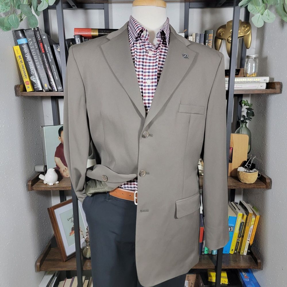 Haggar Men's Sport Coat Blazer Three Button Dark Olive Poly Wool Blend 44L NEW